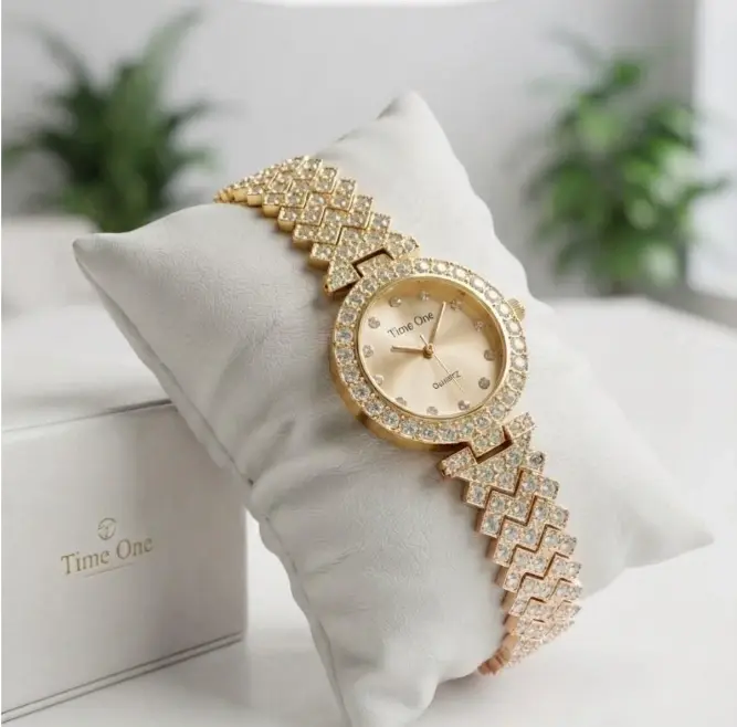 Time One Gold, Black, Silver Crystal Bracelet Watch (Gold)